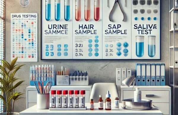 An artistic representation of various drug testing methods used in pre-employment screening, depicted without any people. The image features a profess