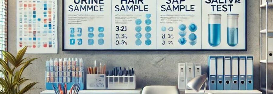 An artistic representation of various drug testing methods used in pre-employment screening, depicted without any people. The image features a profess