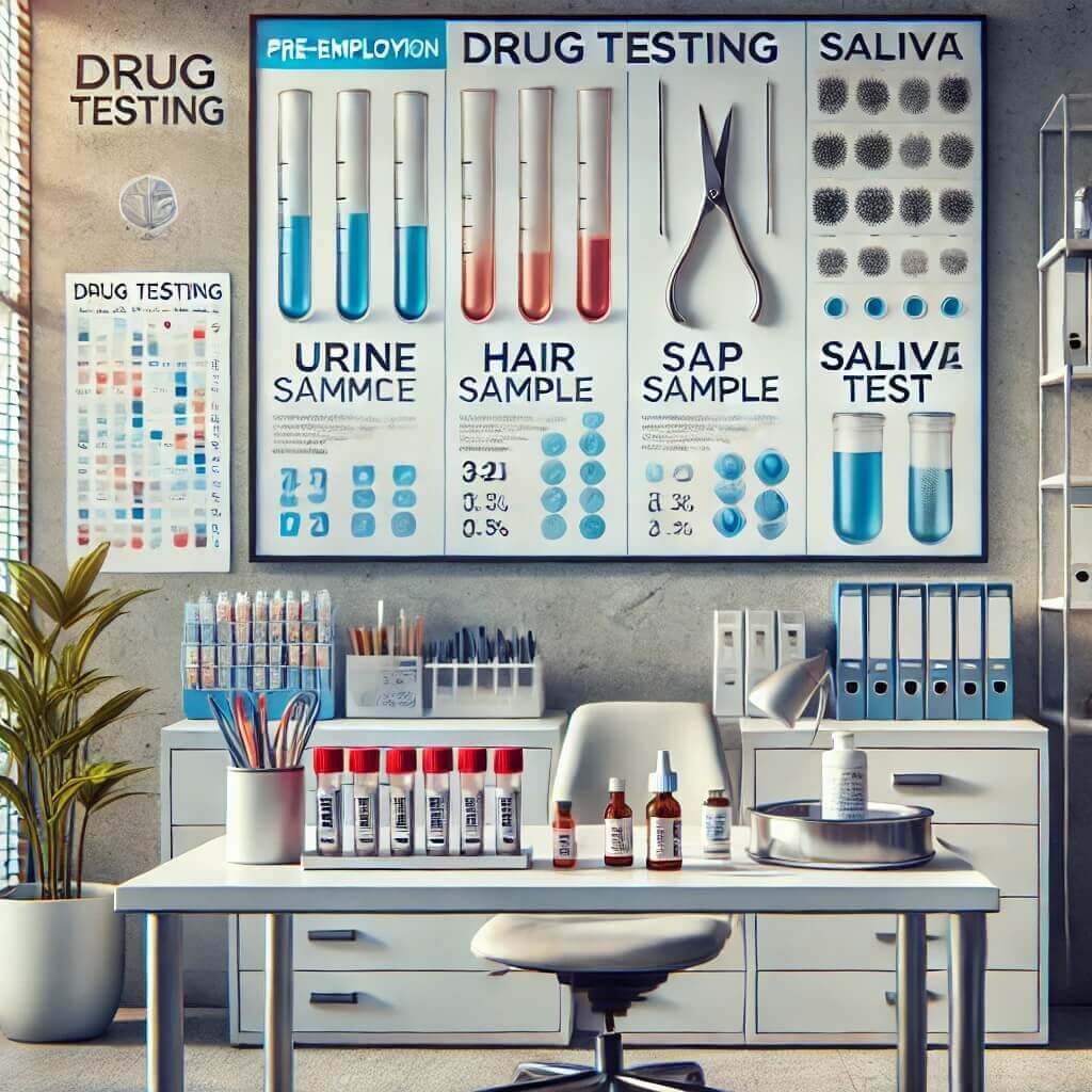 An artistic representation of various drug testing methods used in pre-employment screening, depicted without any people. The image features a profess